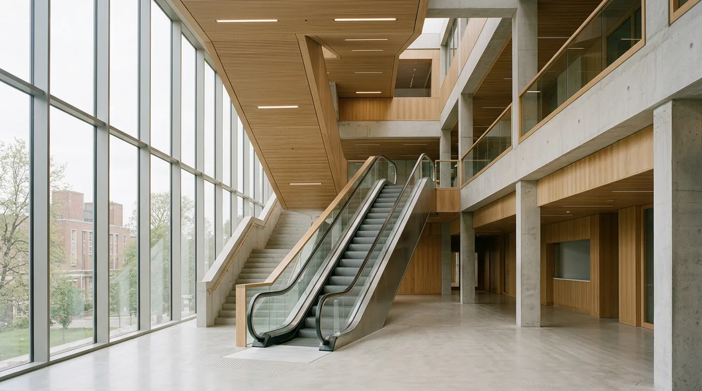 A university circulation space in timber and concrete, escalators rising between floors beside full-height glazing.